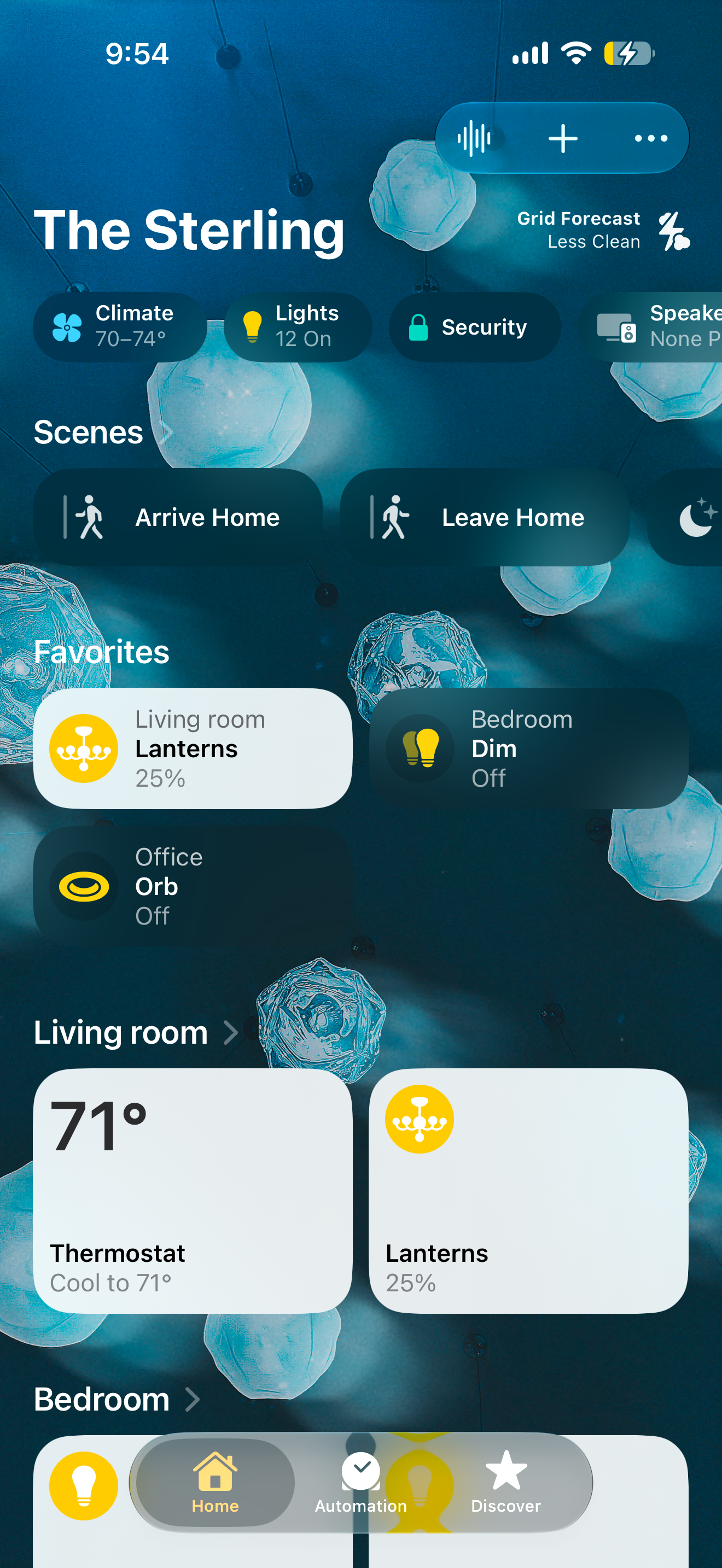 The Apple Home app's main screen, showing climate, lights, security, and speaker status at a glance, plus Arrive Home and Leave Home scenes and a row of favorite accessories.