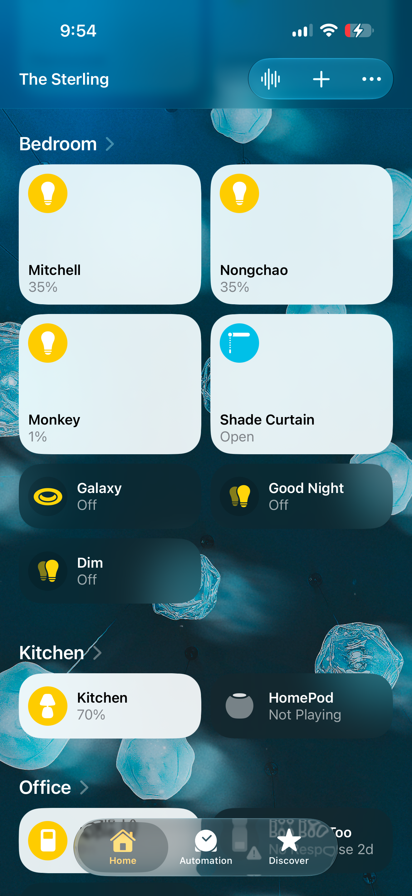 The Home app's Bedroom view, listing individual lamps (Mitchell, Nongchao, Monkey), the shade curtain, Galaxy and Good Night scenes, and links to the Kitchen and Office rooms.
