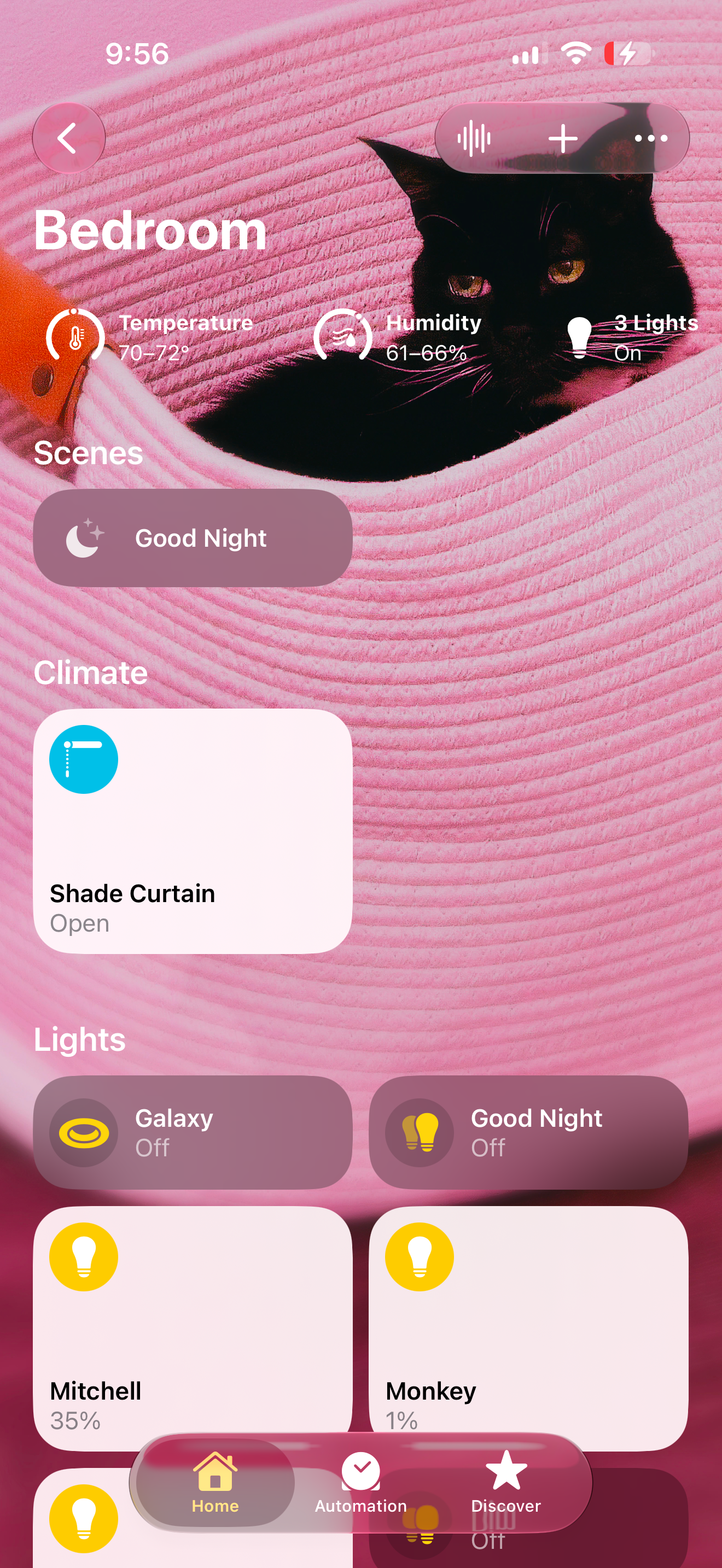 The Home app's Bedroom view with a photo of the cat Boo Boo curled up in her bed as the background, showing room temperature, humidity, and light status above individual lamp controls.
