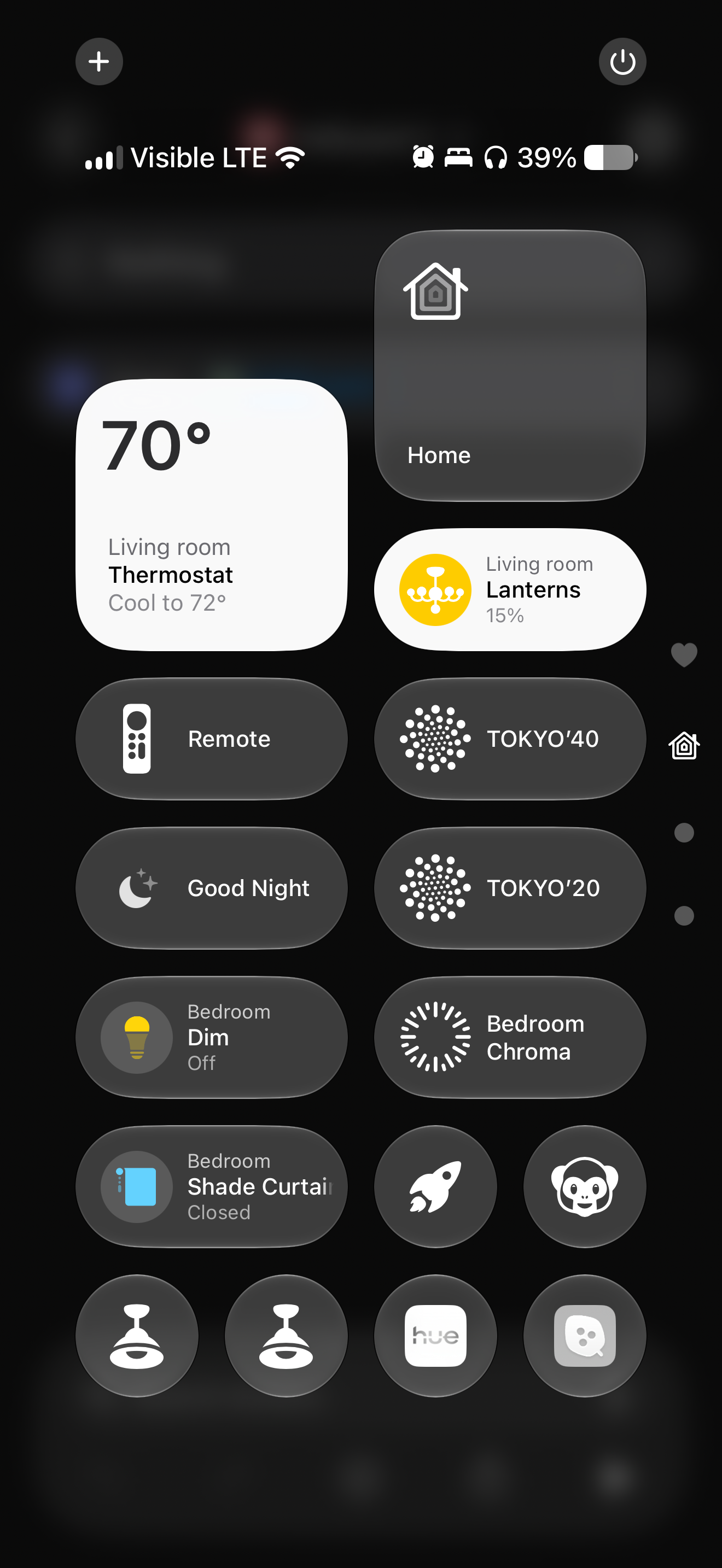 iOS Control Center's Home panel, showing a Living Room thermostat at 70°, Lanterns at 15% brightness, Good Night and color scene buttons, a Zigbee remote, and bedroom light and shade curtain controls.