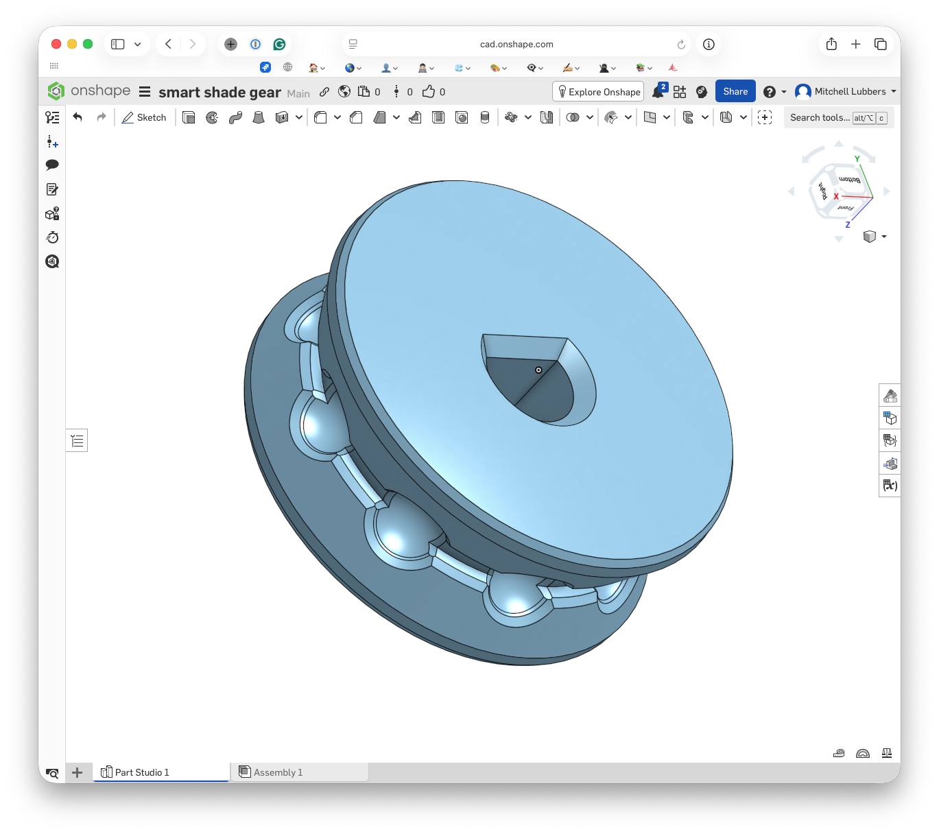 A 3D CAD model in Onshape of the custom bead-chain gear, showing the D-shaped center bore and the scalloped groove that grips the chain's beads.