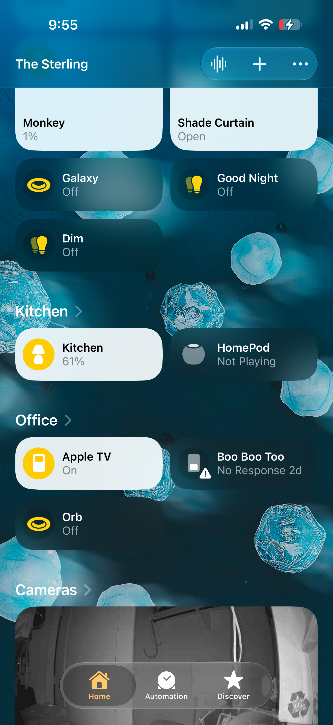 The Home app's Bedroom view showing the Mitchell and Nongchao lamps at 35%, the Monkey lamp at 1%, and the shade curtain open, with Galaxy, Good Night, and Dim scenes listed below.